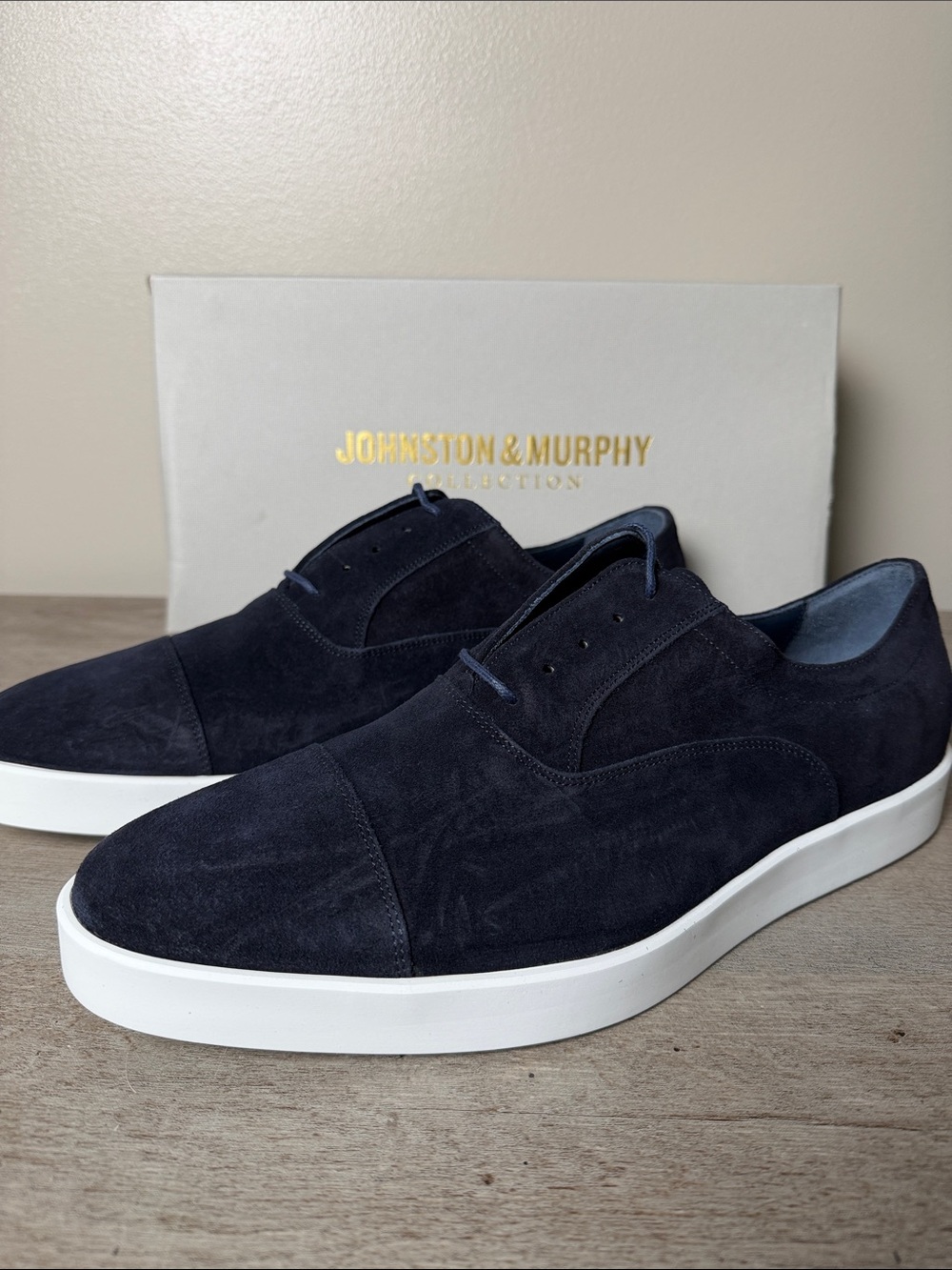 Johnston & Murphy Navy Italian Suede Bolivar Cap Toe with White Sole